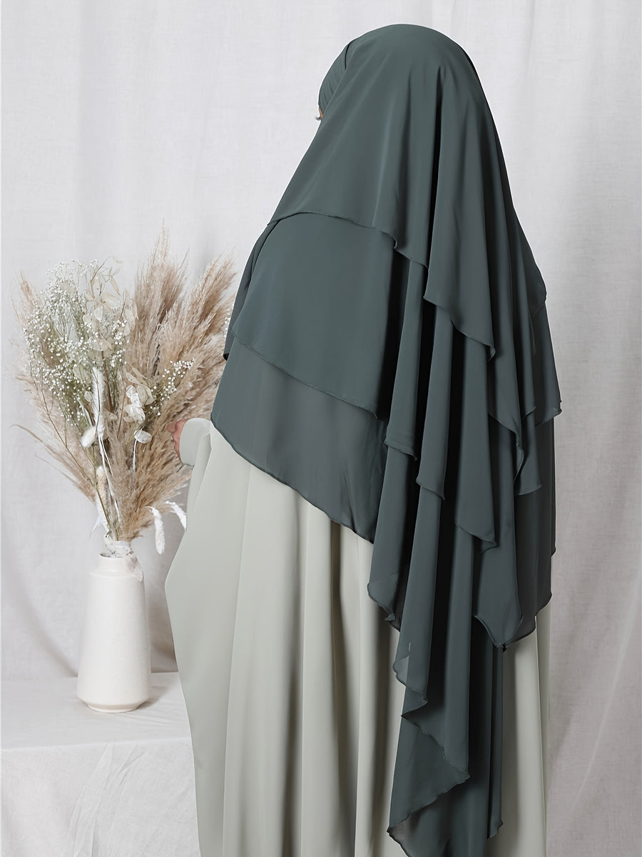 1pc Fashionable, elegant and casual three-layer chiffon fabric solid color suitable for daily wear, loose and comfortable Women's abaya headscarf.sarees for women indian wedding robe aid femme abayas for women muslim jilbab femme khimar hijab - Dark Green