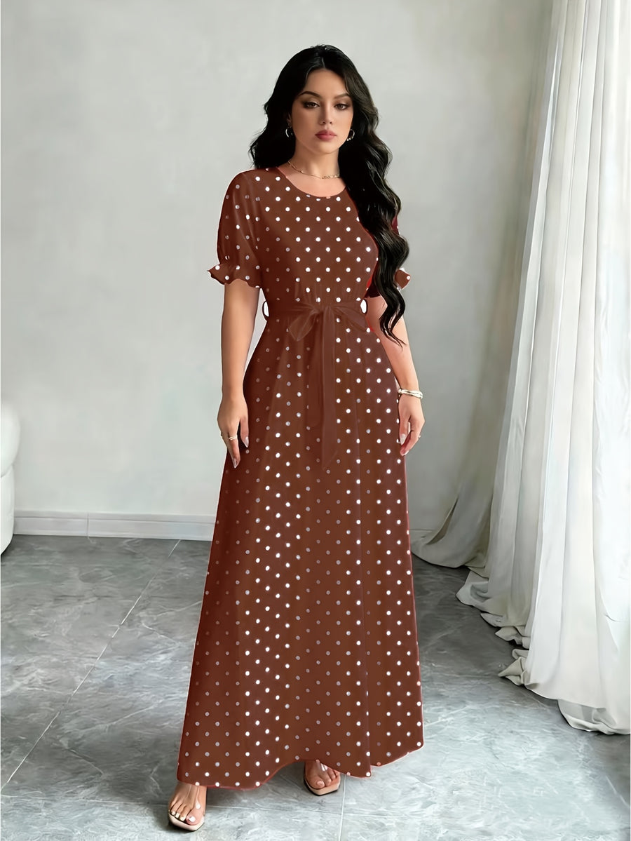 Elegant Summer Dress, Polka Dot Print Dress, Women's Fashion Round Neck Short Puff Sleeve Dress with Belted Waist, Long Dress ASD1 - Khaki