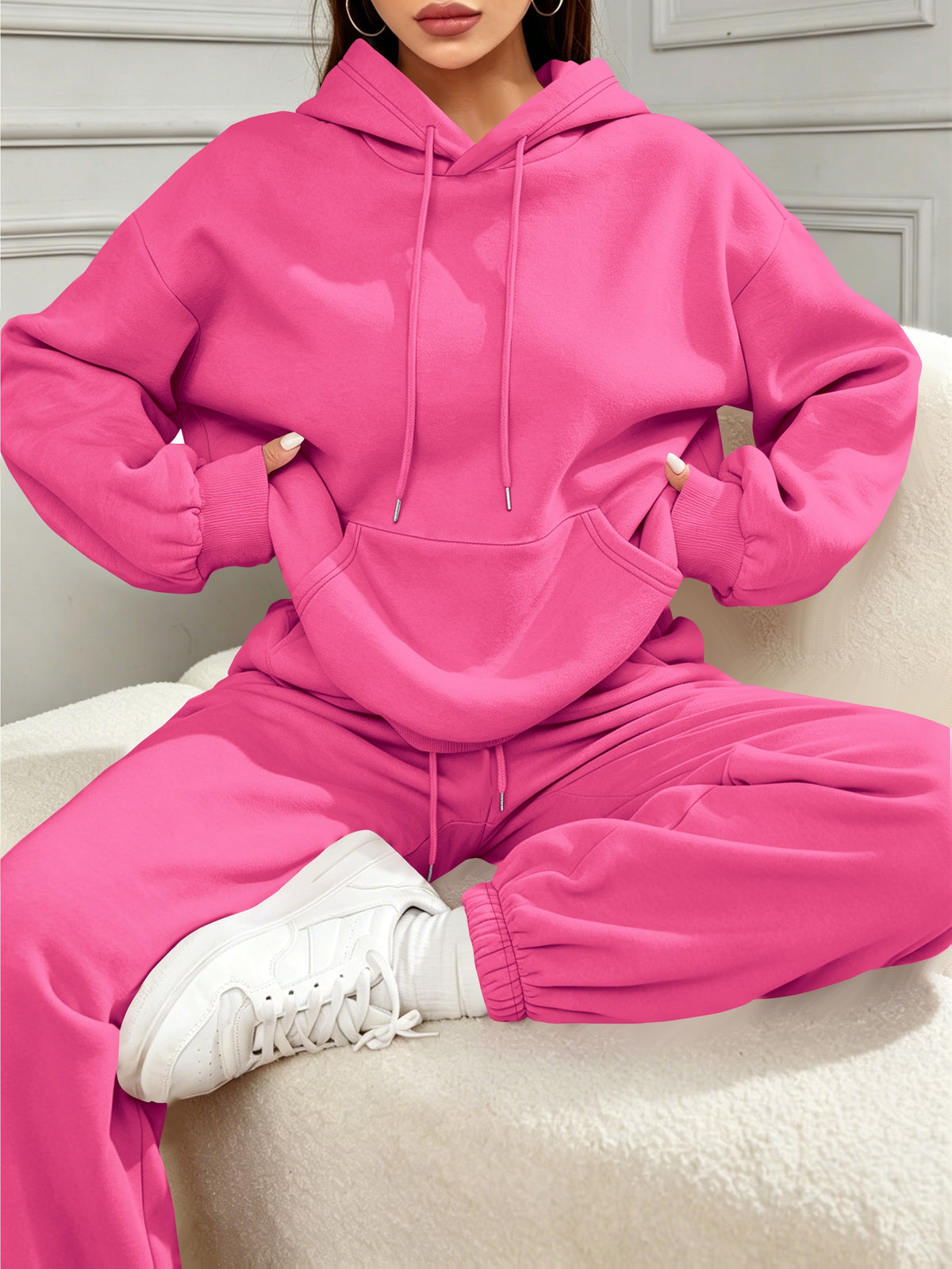 Halloween New Cross-Border Fashion Casual Vacation Set for Women, Autumn/Winter Sweatshirt And Sweatpants with Pockets, Women'S Foreign Trade Fashion, Autumn/Winter Essential Women'S Easy Sweatshirt Set, Pullover - Bright Pink Color