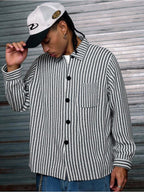 Men'S 5pcs Striped Button-Up Shirt Set, Mixed Colors, Multiple Sizes Available, Polyester Material, Classic Collar And Button Placket, Textured Look, Ideal for Autumn Wear, Hanging on Black Rack by Window - Mixed colors