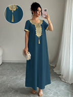 Middle East Round Neck Temperament Loose Belly-Covering Vacation Retro Niche Design Dress Short-Sleeved Long Skirt - Blue