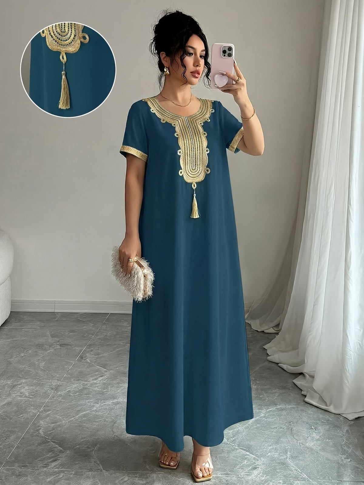 Middle East Round Neck Temperament Loose Belly-Covering Vacation Retro Niche Design Dress Short-Sleeved Long Skirt - Blue