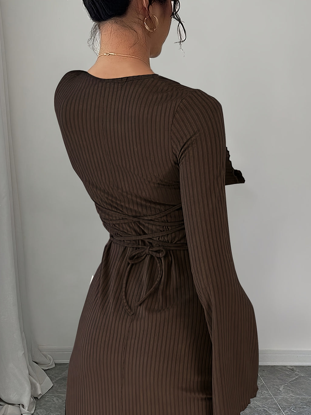 Women'S Solid Ribbed Flared Sleeve Back Tie Traditional Long Dress Elegant Long Dress - Coffee Color