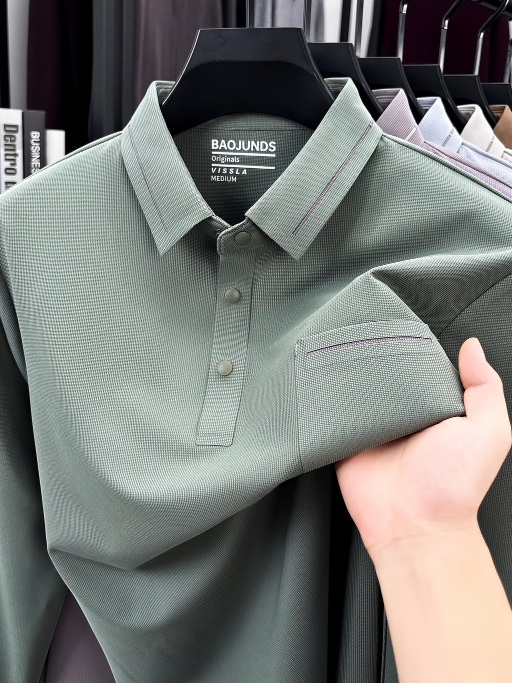 Autumn New Arrival Men's Fashion Long-Sleeve Polo Shirt, Versatile Casual Button- Lapel Seamless Men's Long-Sleeve Top, Suitable for Business Casual Outings, Dates, and Walks, an Essential Top for Casual Attire - Pea Green Color