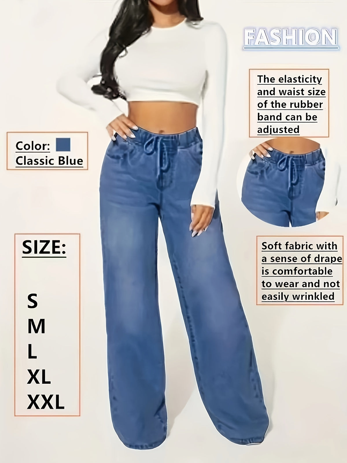 Elastic-Waist Denim Wide-Leg Pants - Dark Blue