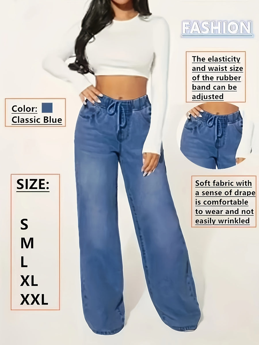 Elastic-Waist Denim Wide-Leg Pants - Dark Blue