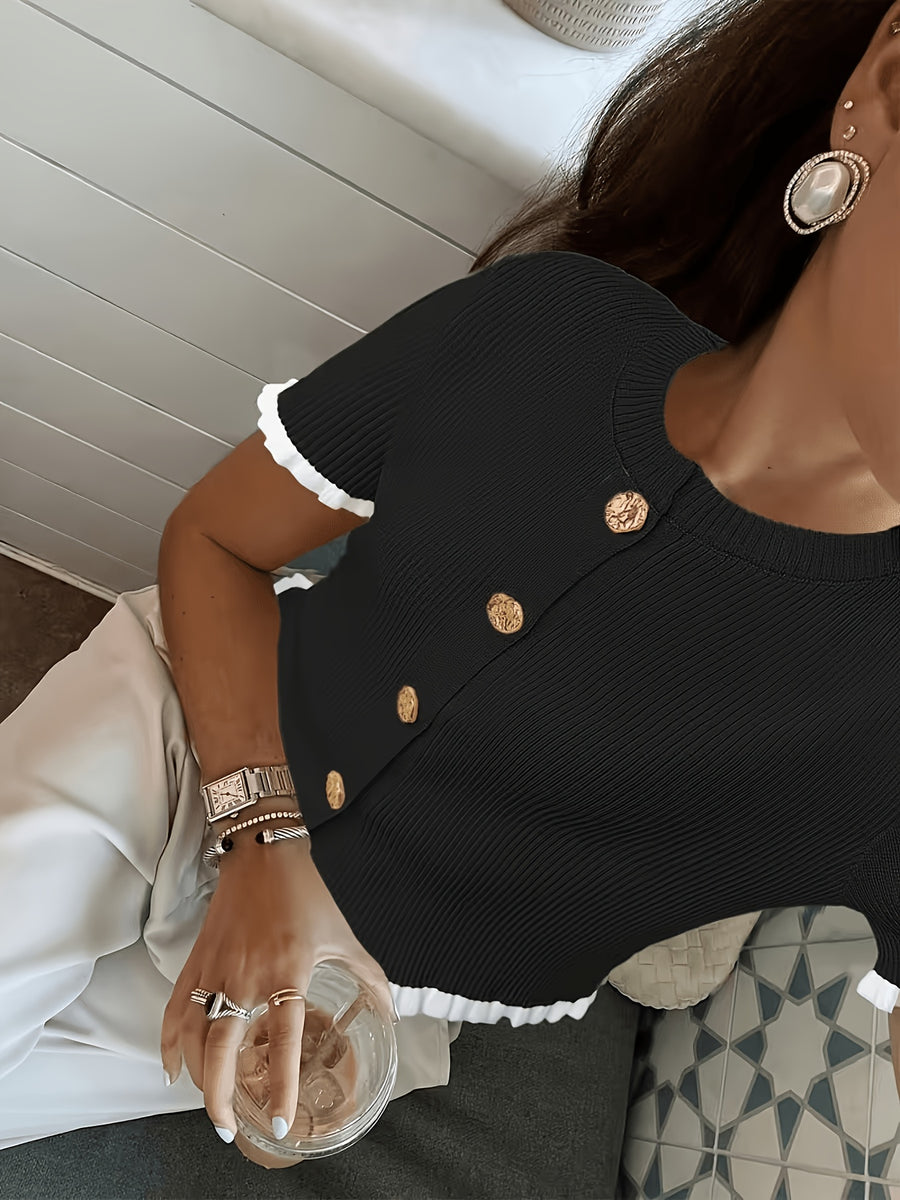 New Summer 2026 Button-Earring Edge Design, Elegant Casual Short Sleeve, Suitable for Dating and Daily Wear, Short Women's Cardigan - Black