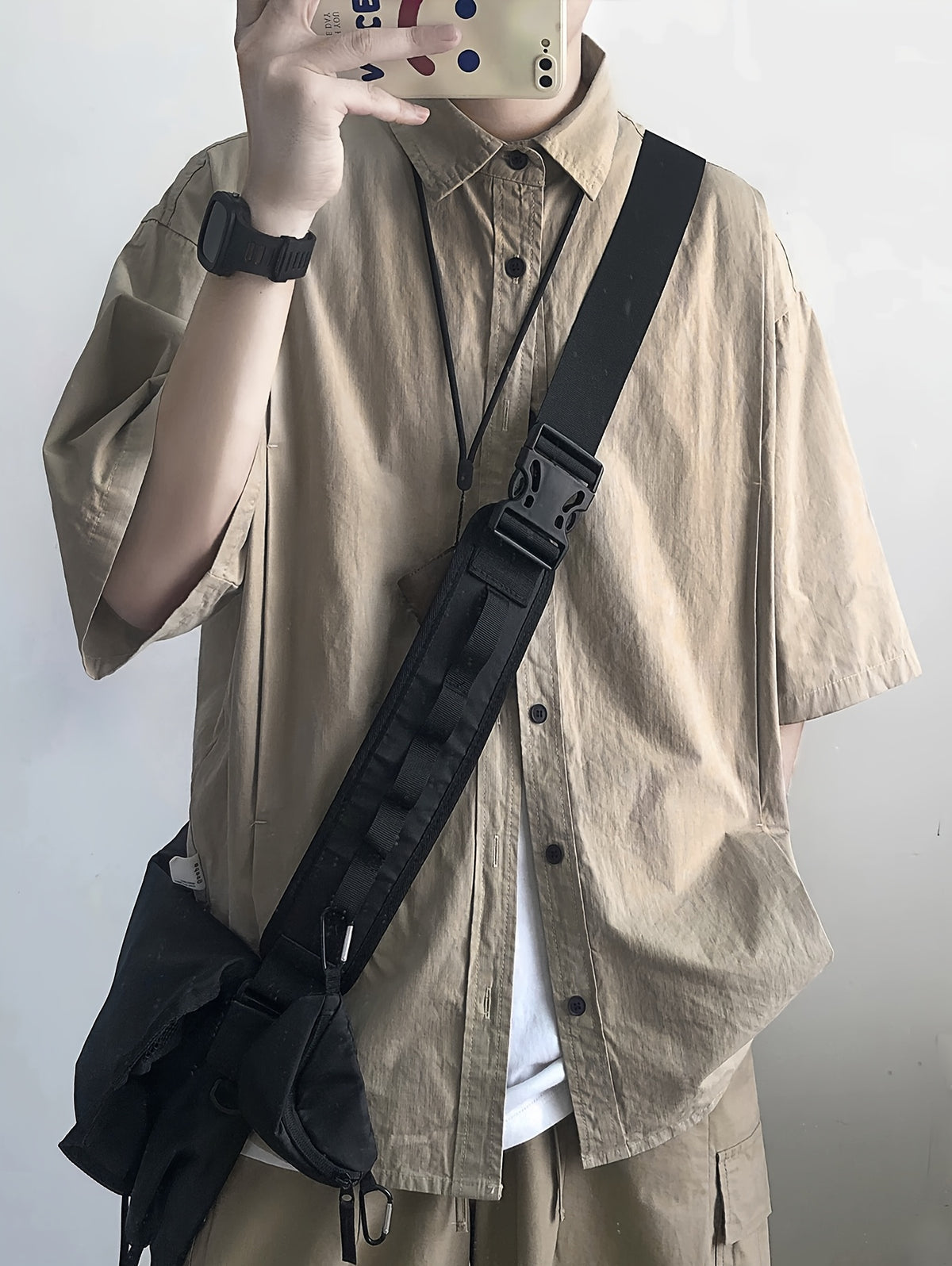 Men's Trachten Shirt, Japanese Vintage Workwear Short-Sleeve Shirt, Loose and Lazy Style Silhouette, Handsome Shirt, Trendy Top for Summer - Khaki
