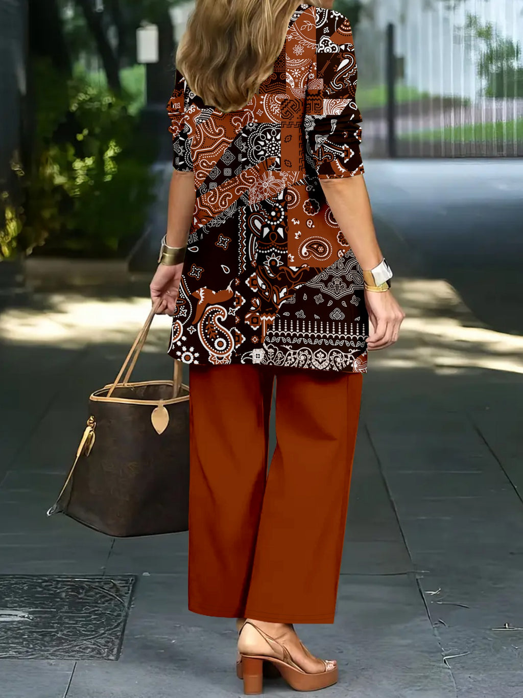 Ethnic Style Full Print Random Print Pants 3pcs Set Spring Summer Autumn Winter Versatile Fashion Full Print 3pcs Set Printed Long Sleeve Jacket Solid Color Round Neck Vest Elastic Drawstring Waistband Solid Color Trousers Women'S Casual Suit - Mixed colors