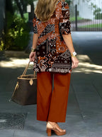Ethnic Style Full Print Random Print Pants 3pcs Set Spring Summer Autumn Winter Versatile Fashion Full Print 3pcs Set Printed Long Sleeve Jacket Solid Color Round Neck Vest Elastic Drawstring Waistband Solid Color Trousers Women'S Casual Suit - Mixed colors