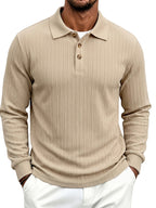 Spring/Autumn Men'S Long Sleeve Polo Shirt, High-Elastic Textured Vertical Rib Jacquard Collar T-Shirt, Business Casual Slim Fit Versatile Solid Color Pullover Top - Apricot