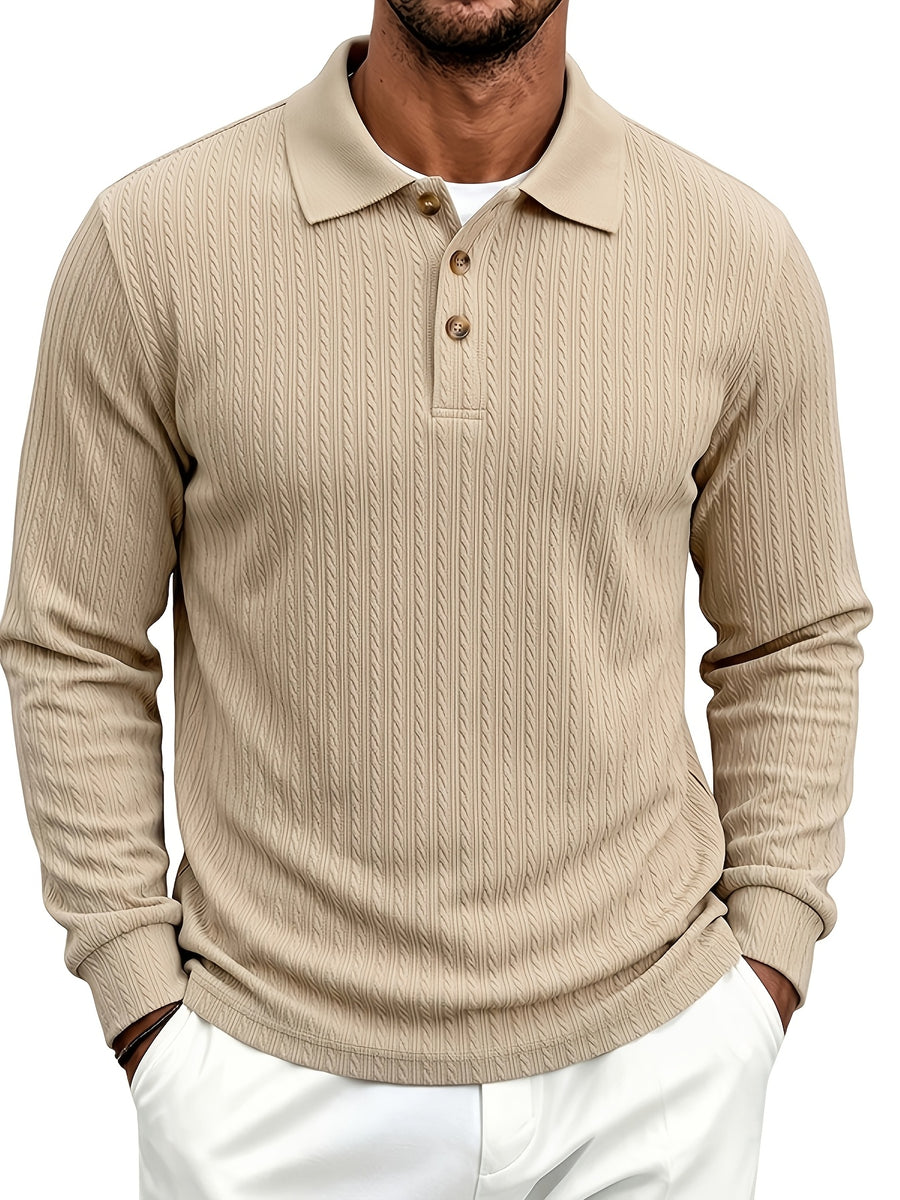 Spring/Autumn Men'S Long Sleeve Polo Shirt, High-Elastic Textured Vertical Rib Jacquard Collar T-Shirt, Business Casual Slim Fit Versatile Solid Color Pullover Top - Apricot