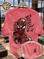 Hand-Drawn Line Art Retro Anime Front And Back Print, Summer Men'S Casual T-Shirt, Men'S Fashion Short Sleeve, Men'S Trendy Top, Loose Short Sleeve, Comfortable, Casual, Commute, Vacation, Premium, Couple Style, Student, Holiday, Gift, All Seasons - Watermelon Red
