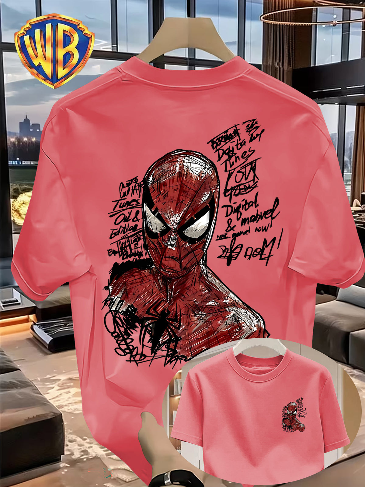 Hand-Drawn Line Art Retro Anime Front And Back Print, Summer Men'S Casual T-Shirt, Men'S Fashion Short Sleeve, Men'S Trendy Top, Loose Short Sleeve, Comfortable, Casual, Commute, Vacation, Premium, Couple Style, Student, Holiday, Gift, All Seasons - Watermelon Red