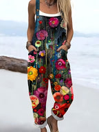 Artistic Watercolor Floral Print Overalls Loose Age-Reducing Straight Jumpsuit Casual Versatile Loose, Not Picky about Body Shape - Multicolor