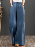 Women's Elegant Wide-Leg Trousers with Pockets - Wide-Leg Pants Suitable for Dates, Vacations, Daily Wear & Parties, Machine Washable Solid Color Trousers, Spring/Summer Non-Stretch Wide Pants for Professional or Casual Outfits - Dark Blue 1