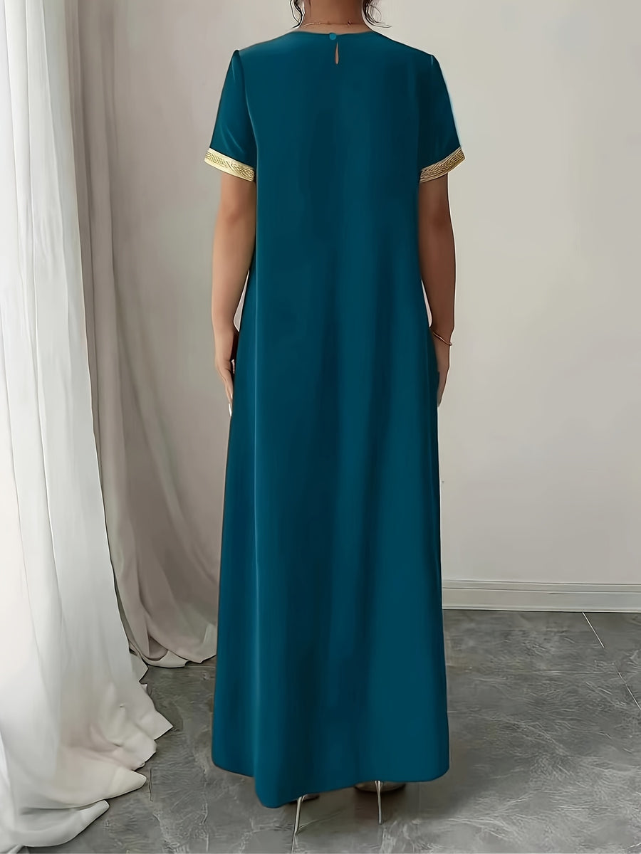 Middle East Round Neck Temperament Loose Belly-Covering Vacation Retro Niche Design Dress Short-Sleeved Long Skirt - Blue