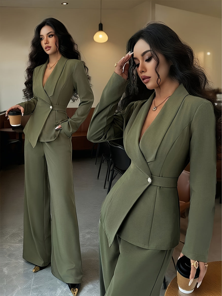Women's Elegant Lapel V-Neck Long Sleeve Unique Design Belted Button-Up High-End Blazer and Straight-Leg Wide-Leg Pants 2pcs Set, Autumn Commuter Outfit for Women - Olive Green