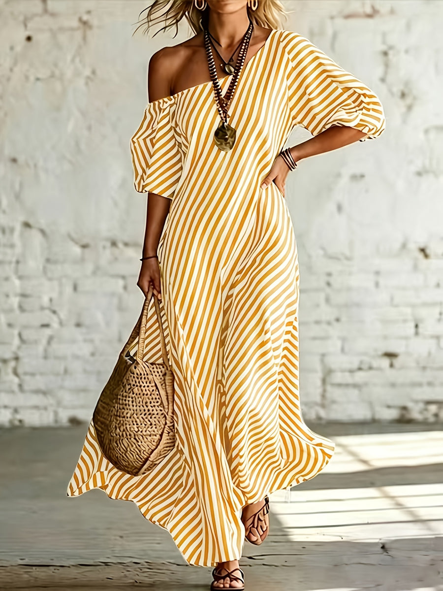 Women'S Elegant Asymmetrical Shoulder Stripe Long Dress, Summer Bohemian Vacation Loose Short Sleeve Maxi Skirt - Yellow