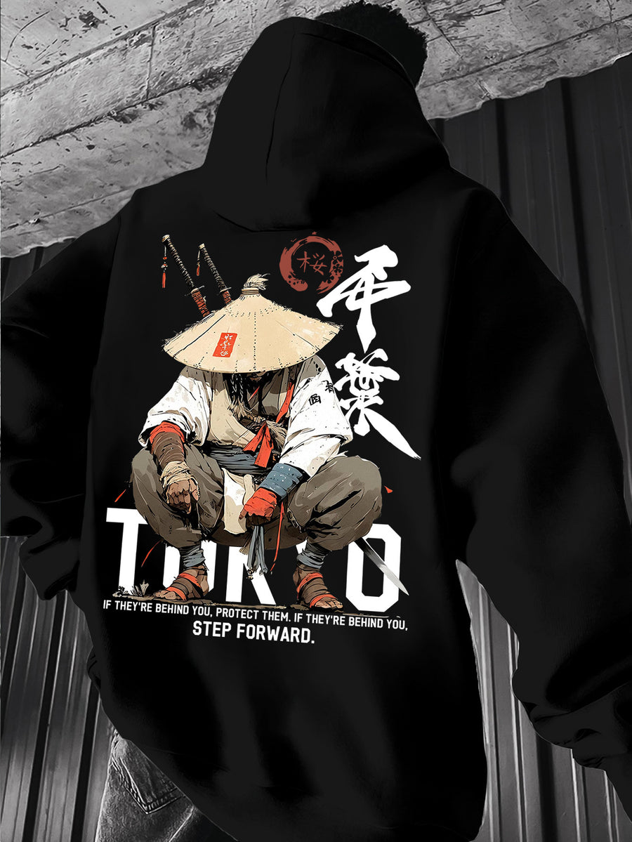 Men's Japanese Ronin Kendo Samurai Hooded Sweatshirt, Printed Hoodie, Trendy Streetwear Vintage Versatile Heavyweight Sweatshirt, Autumn Essentials - Black