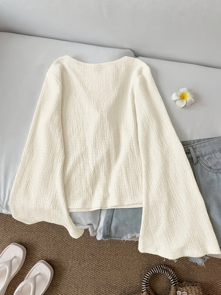 Solid Color Front-Tie Bow Open-Front Fashion Flared Sleeve Blouse New Women'S Short Top - Off-white