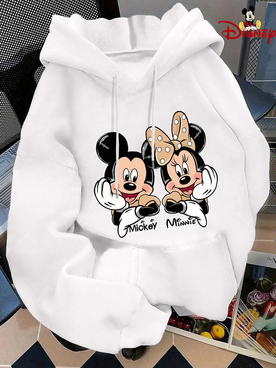 Cute Style Mickey Minnie Face Print Japanese Hooded Sweatshirt, Casual Comfortable Kangaroo Pocket Pullover Top - White