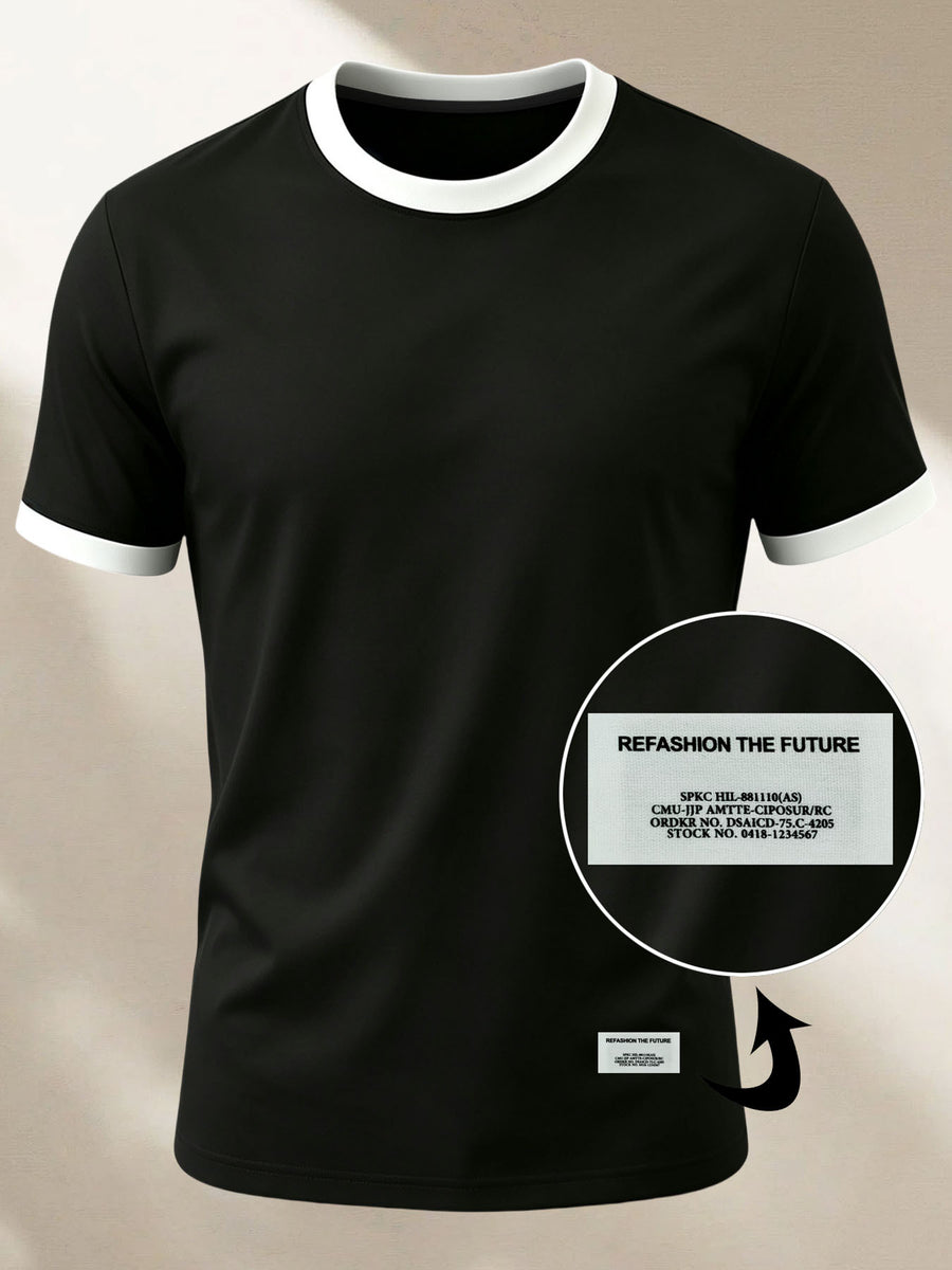 100% Cotton Men's Knitted Color-Block Crew Neck Patched T-Shirt, Summer All-Season Base Layer, Factory-Made for Men, Comfortable, High Quality, High Fit Rate, Casual Sportswear with Contrast Hem and Patch Appliqué - Black and White ZZ019