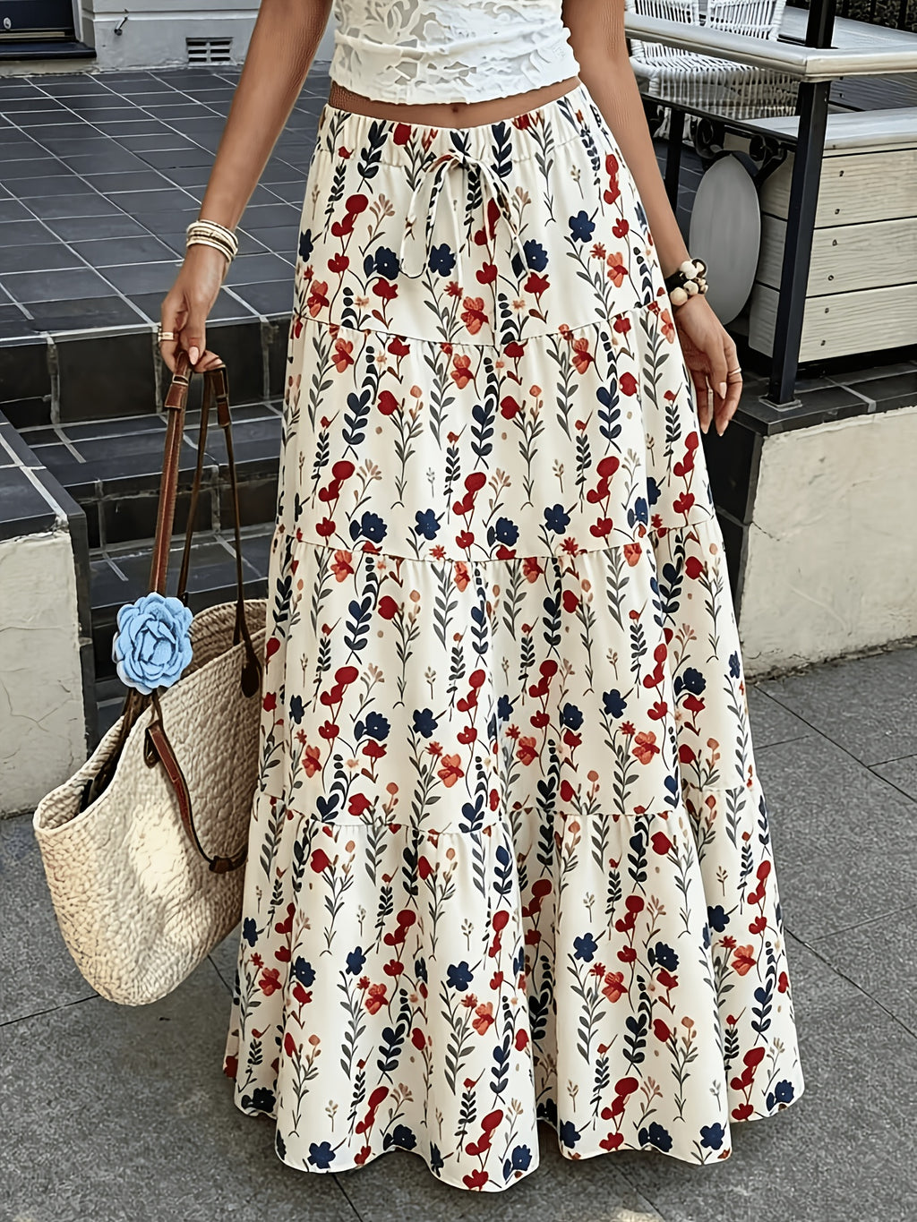 Women'S Autumn Vacation Country Style Floral Long Half Skirt, Commute Daily, Outing Wear, with Drawstring Detail, Spring Summer Fall Winter All Seasons - Flower
