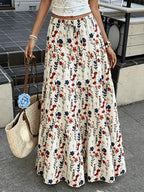 Women'S Autumn Vacation Country Style Floral Long Half Skirt, Commute Daily, Outing Wear, with Drawstring Detail, Spring Summer Fall Winter All Seasons - Flower