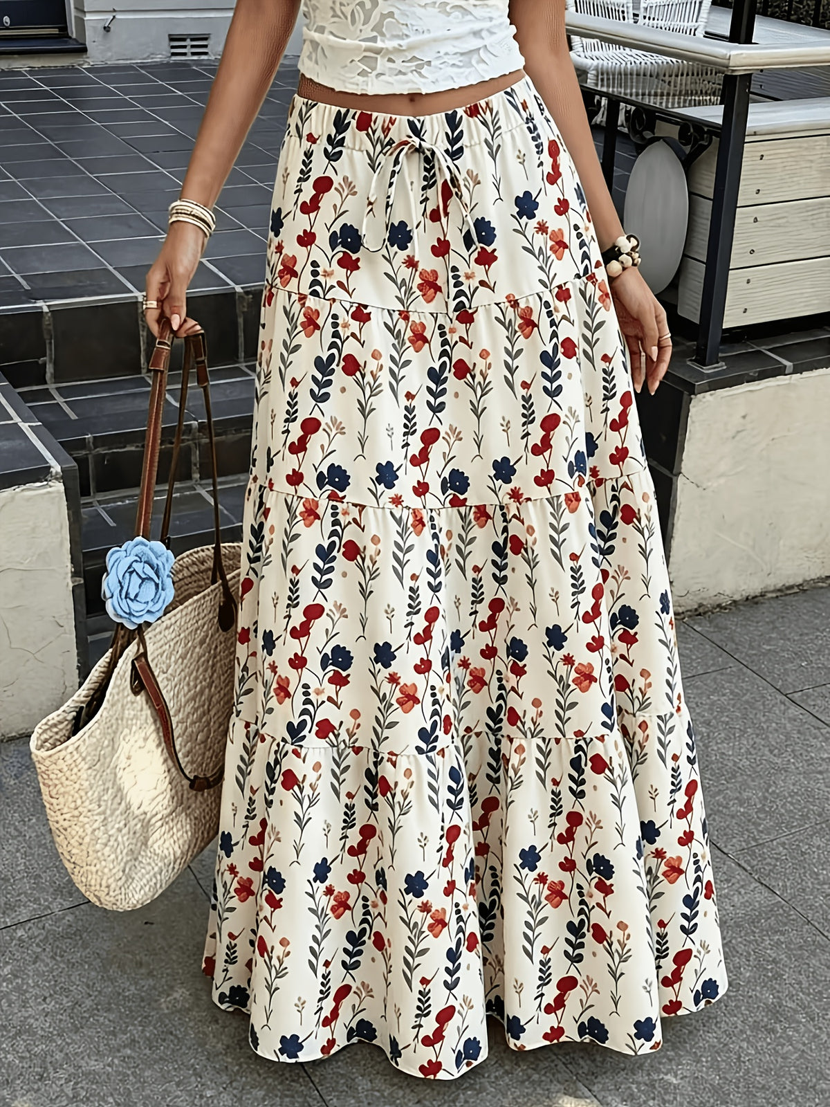 Women'S Autumn Vacation Country Style Floral Long Half Skirt, Commute Daily, Outing Wear, with Drawstring Detail, Spring Summer Fall Winter All Seasons - Flower