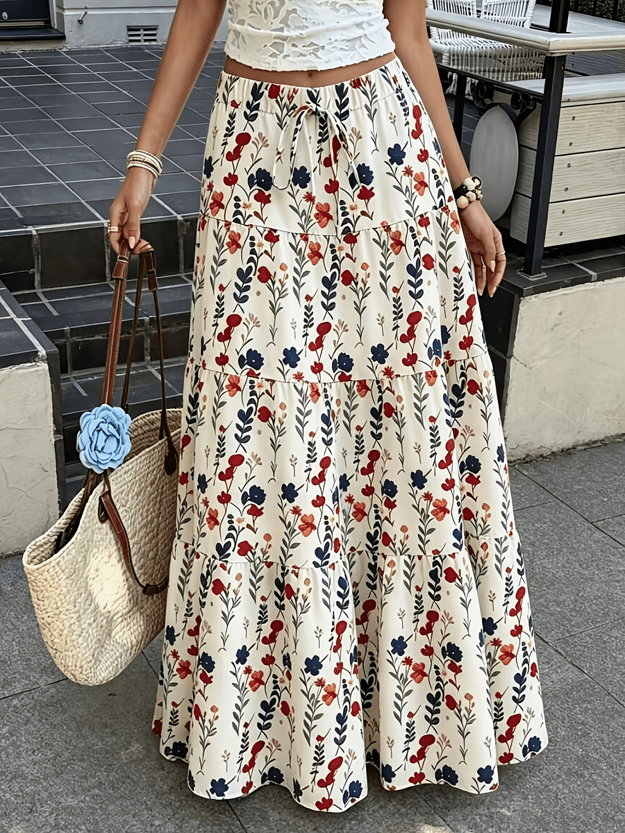 Women'S Autumn Vacation Country Style Floral Long Half Skirt, Commute Daily, Outing Wear, with Drawstring Detail, Spring Summer Fall Winter All Seasons - Flower