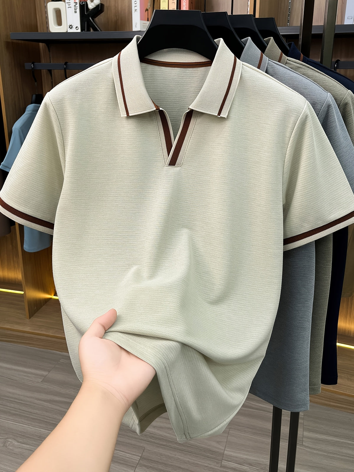 Men's Lapel Button- Polo Shirt, Summer Breathable T-Shirt, Men's Sport Top, Commuting Office / Weekend Casual / Golf, Tennis Top Dual-Wear T-Shirt - Apricot