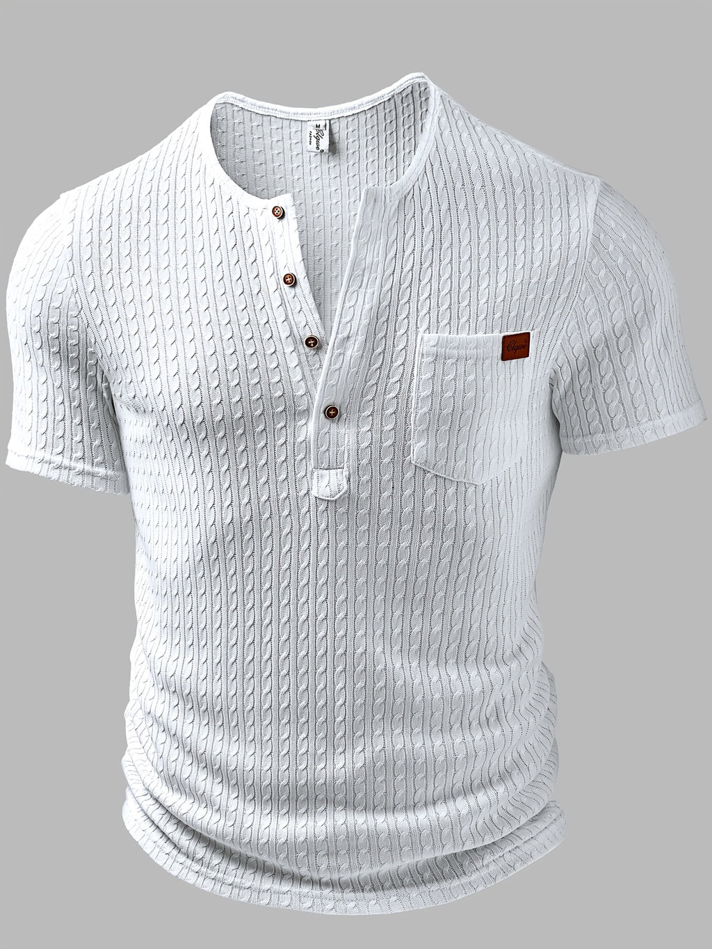 Men'S Fashion Men'S Top, Spring Summer Outdoor Casual Fresh Texture Jacquard Fabric Solid Color Round Neck Single-Button Pocket Patchwork Short Sleeve Men'S Henley Shirt - White
