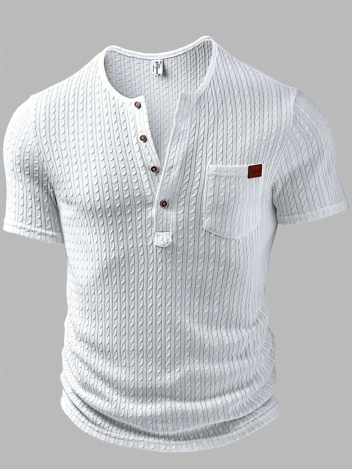 Men'S Fashion Men'S Top, Spring Summer Outdoor Casual Fresh Texture Jacquard Fabric Solid Color Round Neck Single-Button Pocket Patchwork Short Sleeve Men'S Henley Shirt - White