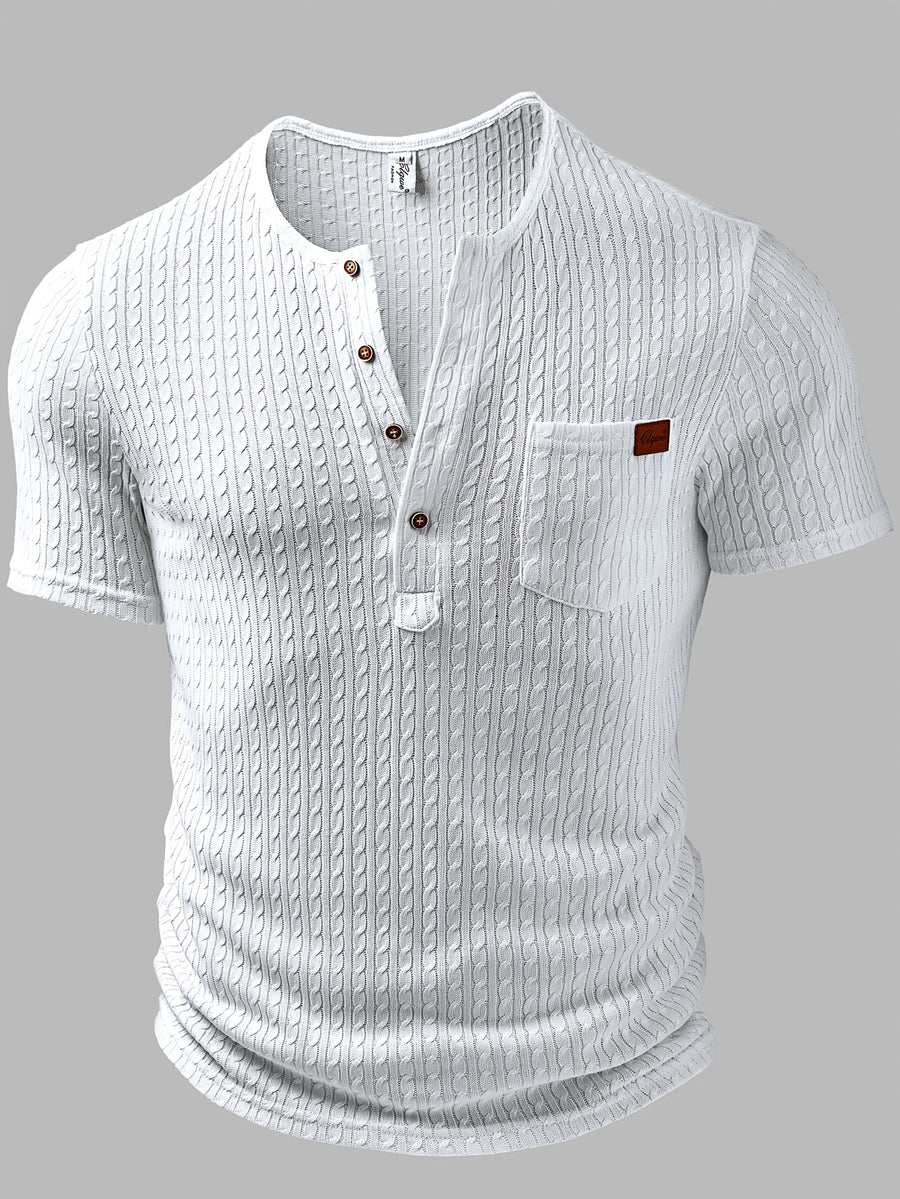 Men'S Fashion Men'S Top, Spring Summer Outdoor Casual Fresh Texture Jacquard Fabric Solid Color Round Neck Single-Button Pocket Patchwork Short Sleeve Men'S Henley Shirt - White