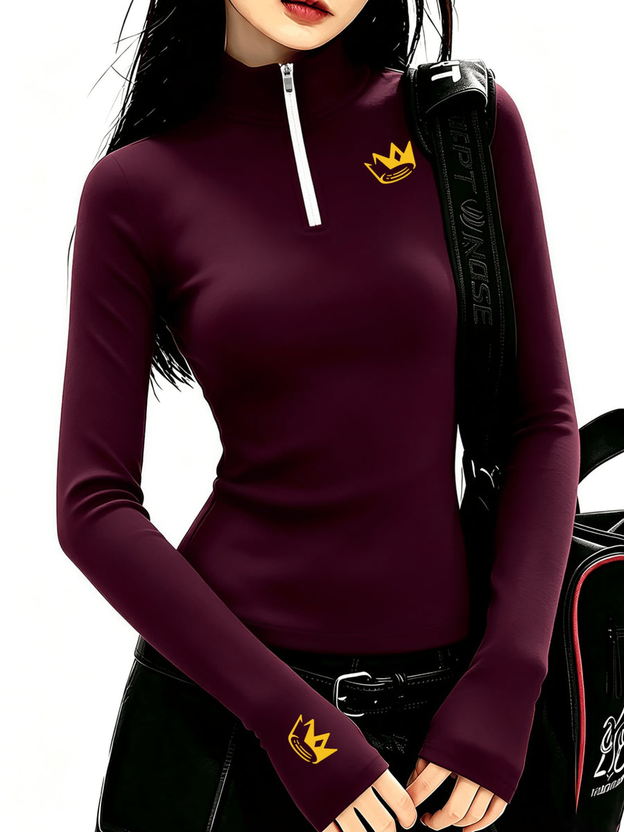 Women'S Elegant Semi-High Neck Zipper Long Sleeve Shirt, Mid-Stretch Fabric Top, Warm Layering Essential for Autumn And Winter - Burgundy