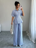2Pcss Striped Bat-Sleeve Blouse And Pants Set for Women, Summer Striped 2Pcss Outfit - Blue