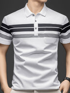 New Summer Men's Short-Sleeve T-Shirt, Wrinkle-Free Striped Loose-Fit Polo Shirt, Stylish and Versatile Casual Dad Fit Thin Shirt 26659 - White