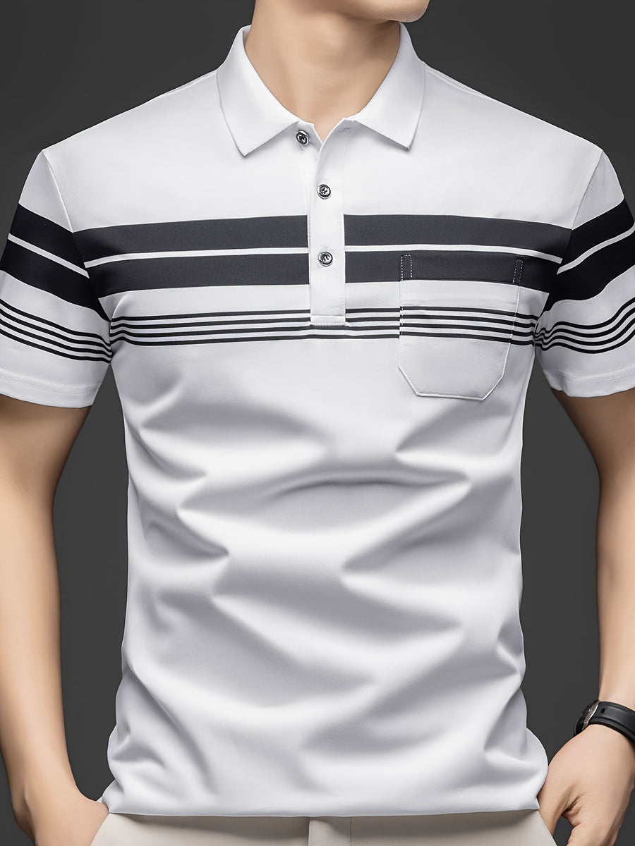 New Summer Men's Short-Sleeve T-Shirt, Wrinkle-Free Striped Loose-Fit Polo Shirt, Stylish and Versatile Casual Dad Fit Thin Shirt 26659 - White