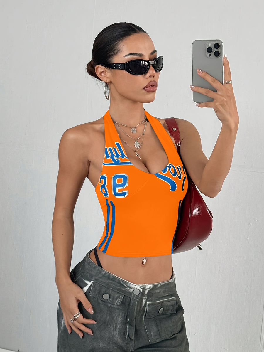 Women's Streetwear Color Block No. 98 Letter Print V-Neck Halter Neck Tank Top - Orange