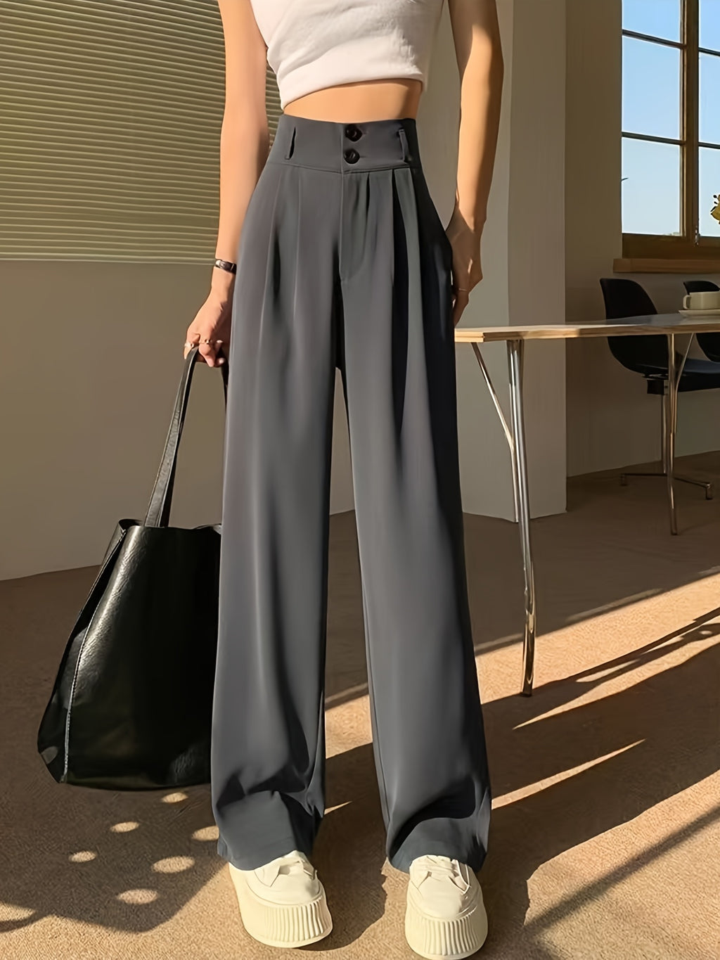 Ice Fiber Fabric Cool Touch Ultra-Thin Summer Women's Long Pants, 2026 Spring/Summer New Style Slim Fit Suit Pants, Trendy Women's Pants, Wide-Leg Loose Fit, Widened Cut, Loose Size, Suitable for Women's Summer Wide-Leg Pants, Draped Straight-Leg - Grey