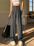 Ice Fiber Fabric Cool Touch Ultra-Thin Summer Women's Long Pants, 2026 Spring/Summer New Style Slim Fit Suit Pants, Trendy Women's Pants, Wide-Leg Loose Fit, Widened Cut, Loose Size, Suitable for Women's Summer Wide-Leg Pants, Draped Straight-Leg - Grey