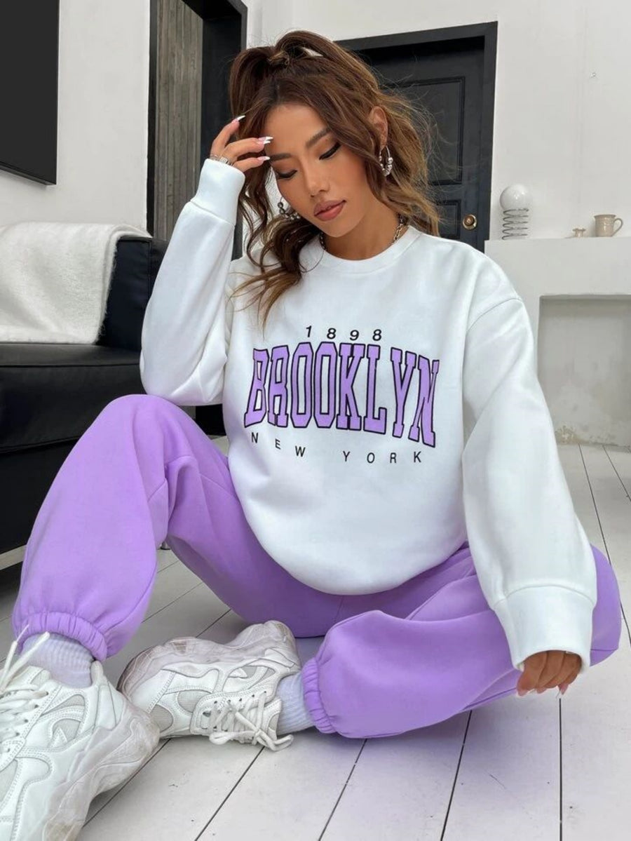 Letter Print Sweatshirt, Crew Neck Casual Sweatshirt for Winter & Fall, Women's Clothing - White