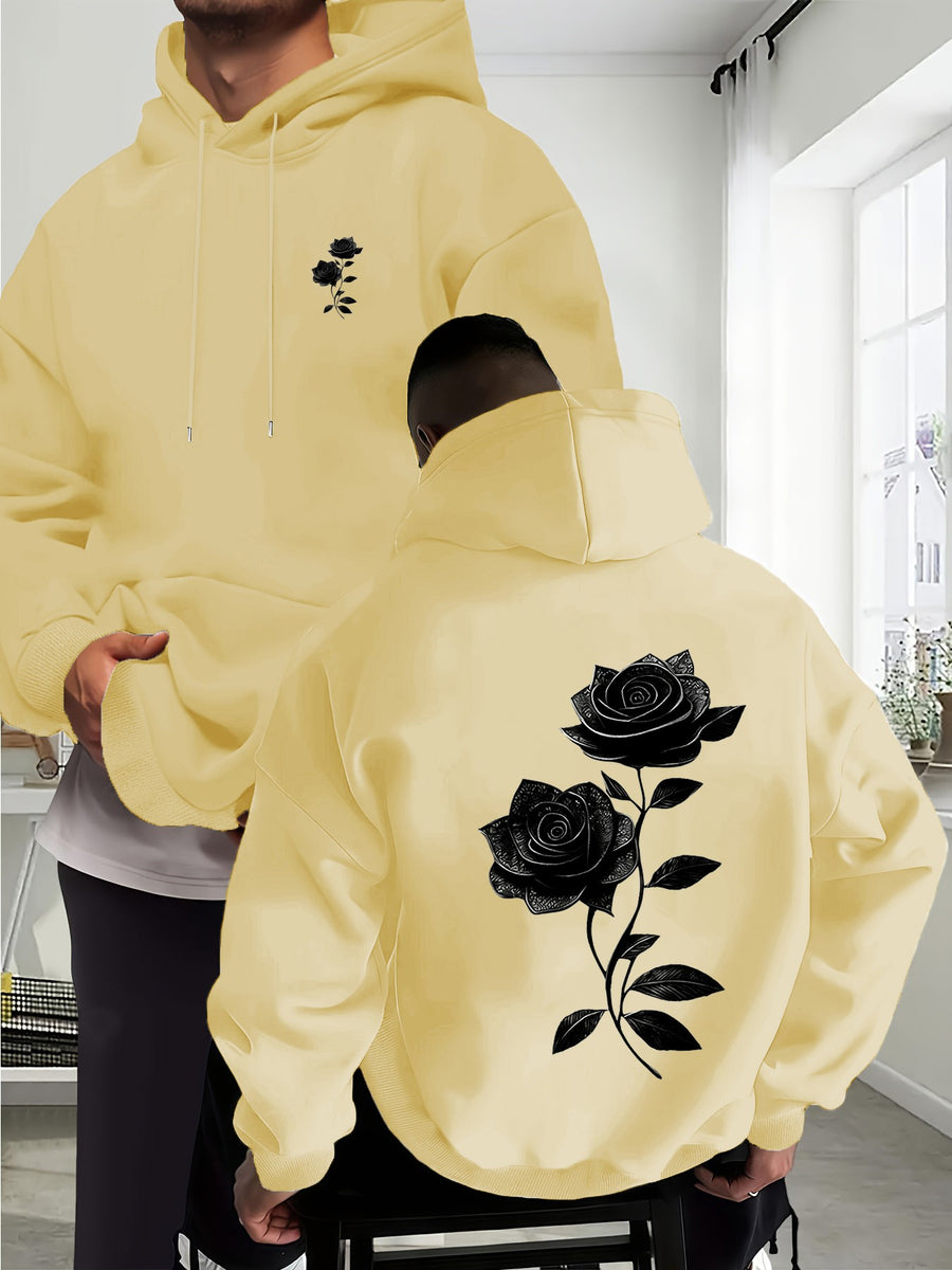 Autumn Winter Men'S Fleece-Lined Hooded Sweatshirt, Double Branch Black Rose Print, Fashionable Casual Wear for Daily, Casual, Gatherings, Parties, Outdoor Sports, Men'S Warm Hooded Top - Apricot