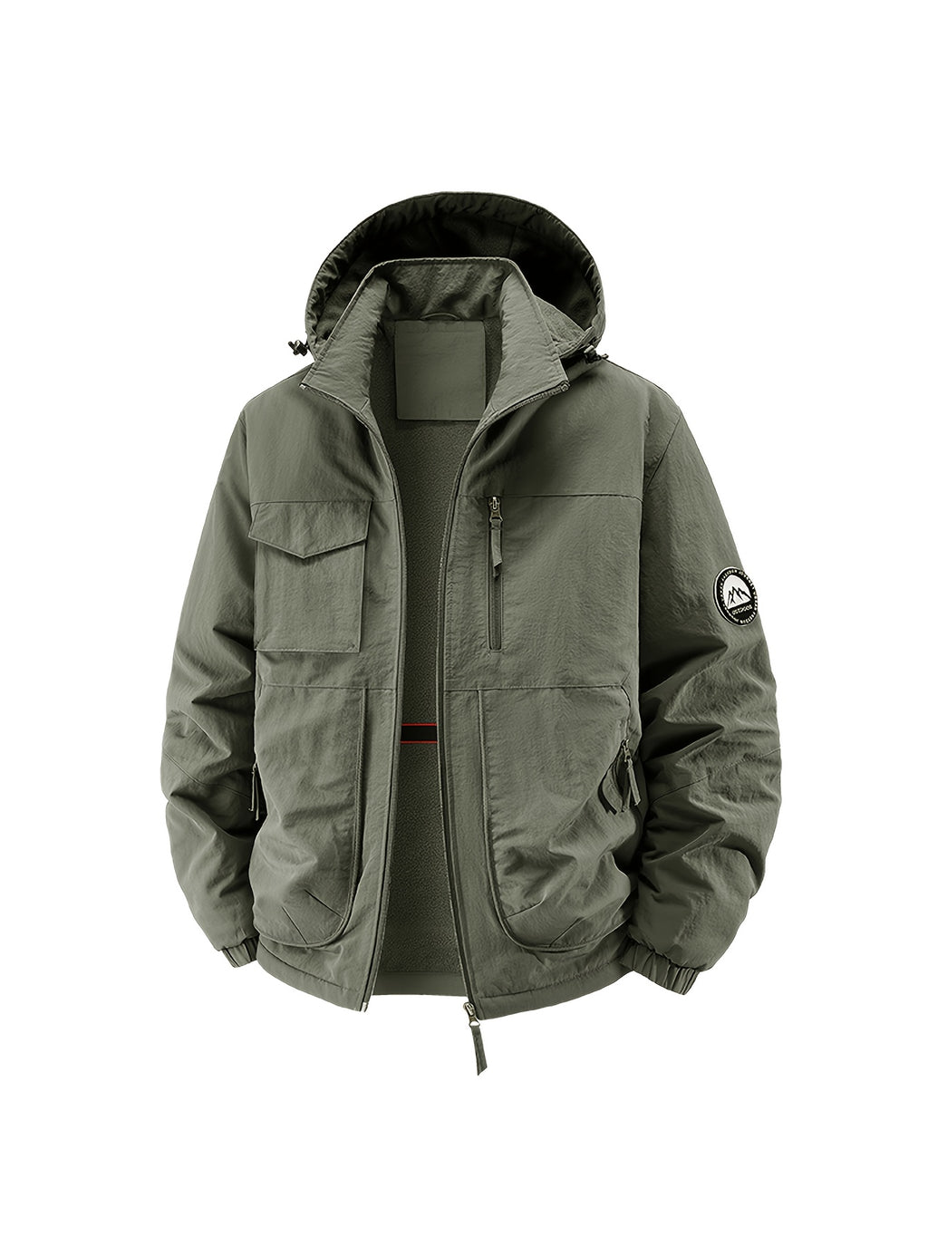 Fleece-Lined Cargo Jacket, Detachable Hood, Multi-Pocket Outerwear, Men'S Outdoor Hiking Commuter, Loose Thickened Plush Lining, Detachable Arm Badge Windproof Warm Functional Jacket - Olive Green