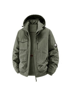Fleece-Lined Cargo Jacket, Detachable Hood, Multi-Pocket Outerwear, Men'S Outdoor Hiking Commuter, Loose Thickened Plush Lining, Detachable Arm Badge Windproof Warm Functional Jacket - Olive Green
