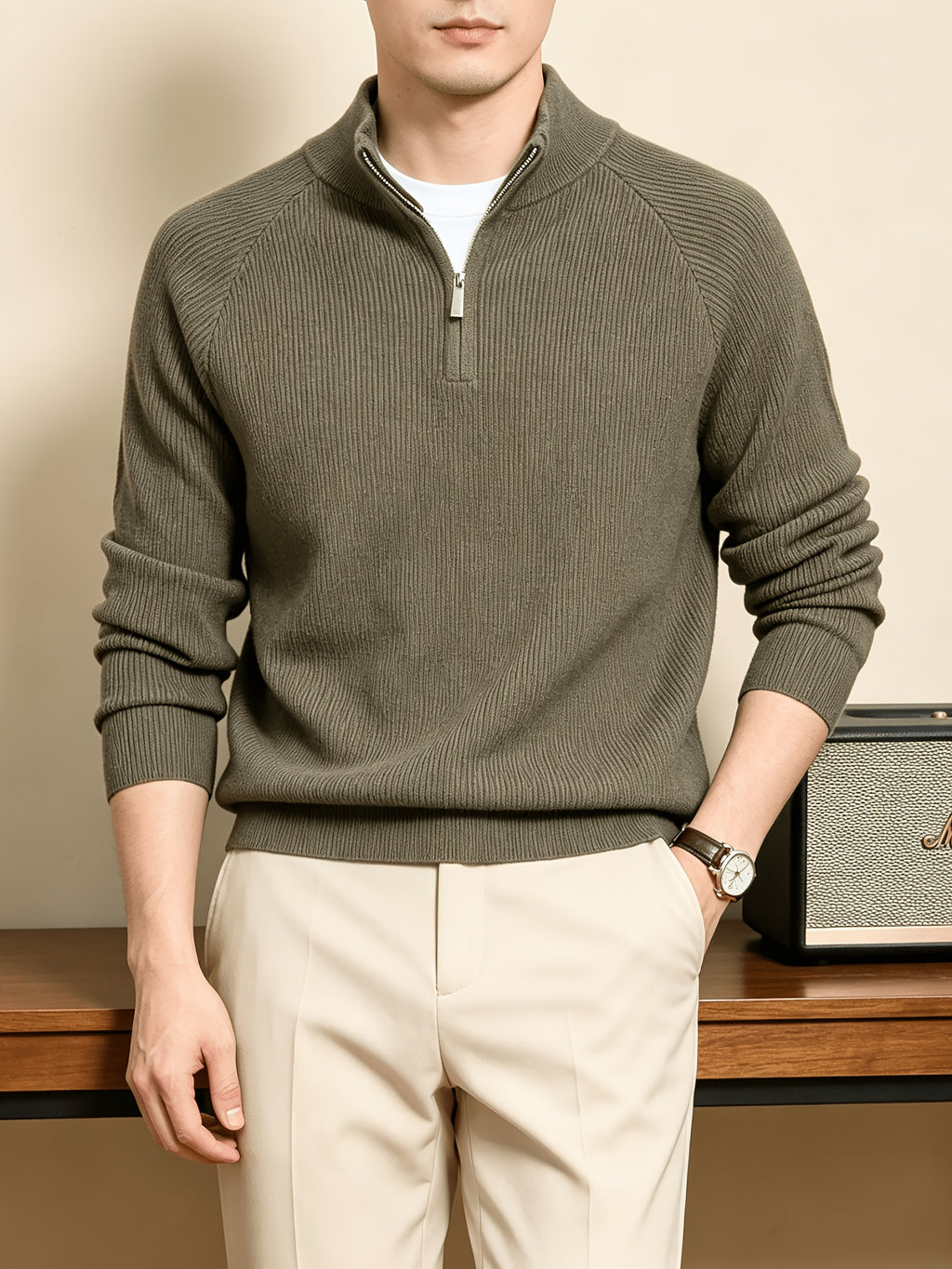 Du Jing Lan OBM Spring/Autumn New Arrival Men's Knitted Pullover, Old Money Style Solid Color Half-Open Placket Stand Collar Long Sleeve Knitted Pullover, Men's Business Casual Fashion Ribbed Sweater, Suitable for Layering or Wearing as an Inner - Olive