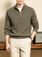 Du Jing Lan OBM Spring/Autumn New Arrival Men's Knitted Pullover, Old Money Style Solid Color Half-Open Placket Stand Collar Long Sleeve Knitted Pullover, Men's Business Casual Fashion Ribbed Sweater, Suitable for Layering or Wearing as an Inner - Olive