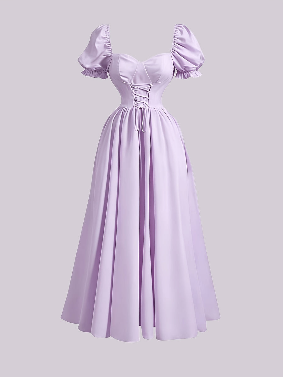 Ladies' New Spring And Summer Elegant Floral Print Long Dress, Bubble Sleeve Design, Front Waist Tie, Back Waist Shirred Waist, Elegant And Flowing, Romantic Long Dress, Suitable for Daily Wear, Party Gatherings, Vacation Holidays - Pure Light Purple