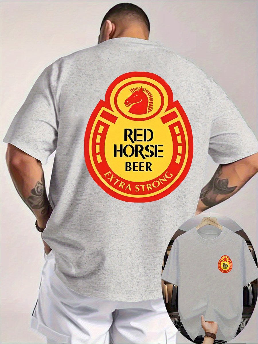 New Summer Men'S Casual T-Shirt with Ribbed Round Neck And Short Sleeves, Made from Knitted Fabric, Refreshing And Comfortable, Featuring Double-Sided Printing with a Red Horse Beer Design, Perfect for Outdoor Activities - Grey